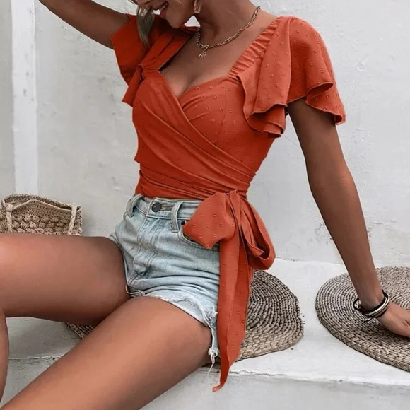 Boho sweetheart neck wrap tie side crop top - Picture 12 of 15